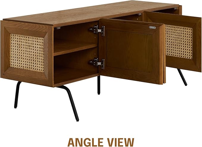 NTC Mossic TV Media Cabinet with 3 Doors for TVs, Entertainment Center with Natural Rattan, Metal Legs, Modern Storage Console for Living Room and Bedroom, Effortless Assembly, Rustic Oak