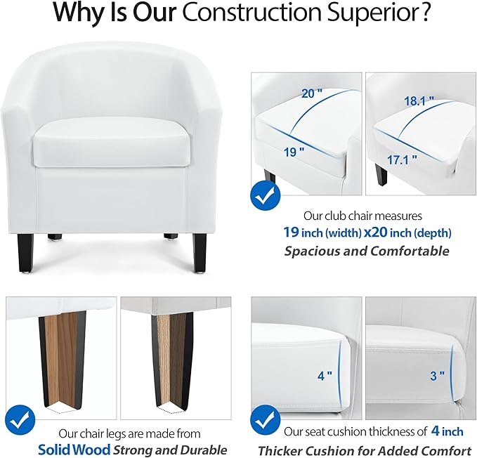 Yaheetech White Leather Chair, Faux Leather Accent Chair, Modern Barrel Chair Comfy Club Chair with Soft Padded and Solid Legs for Living Room Bedroom Reception Room, White