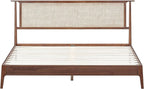 NTC Ruby Wooden Bed Frame with Headboard and Natural Rattan, Solid Oak/Rubber Wood Foundation with Silent Slats, 1000 Lb Capacity, Effortless Assembly (Natural Cane - Dark Walnut, King)