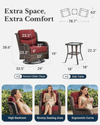 HILLGA Luxury Patio Furniture Set with 6-inch Thick Cushion, Outdoor High Back Swivel Rocker Patio Chairs, 3PCS Wicker Conversation Set for Deck Yard and Poolside, Burgundy (V2)