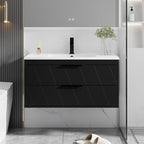 eclife 36" Bathroom Vanities Cabinet with Sink Combo, Wall Mounted Floating Cabinet W/Decor Line, Soft-Close System, 2 Extra Big Drawers, Matte Black Faucet, Black