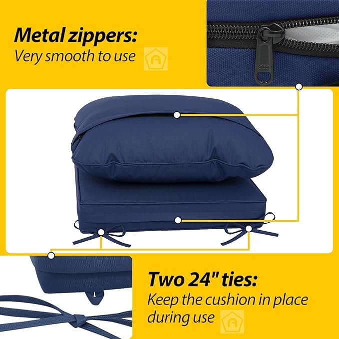 AAAAAcessories Outdoor Deep Seat Cushions, Waterproof, Fade-Resistant Patio Furniture Replacement Cushions, 24" x 24" x 5", Set of 2, Navy Blue