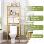 AmazerBath Over The Toilet Storage Bamboo, 3-Tier Over Toilet Organizer Rack with 2 Fabric Storage Bins, Freestanding Toilet Shelf for Bathroom Laundry Space Saver, Natural Color