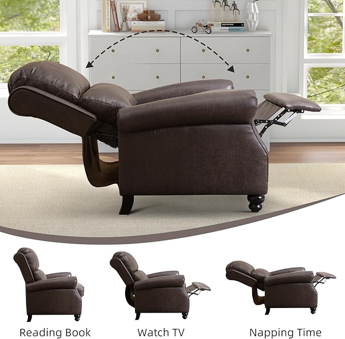 Push Back Recliner Chair Faux Leather Lounge Armchair with Rivet Decoration Wingback Single Sofa Chair with Padded Seat Solid Wood Legs for Living Room, Comfy Upholstered, Dark Grey
