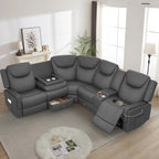 Home Theater Seating, Manual Recliner Sectional Sofa for Living Room, 5 Seater Reclining Sectional Couch with Flip-Up Backrest, Storage Console, USB Ports, L-Shaped Sofa PU Leather Gray