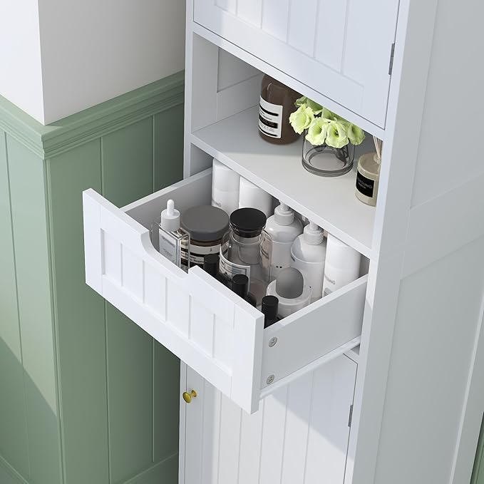 Tall Bathroom Storage Cabinet, 67" Narrow Storage Cabinet with Adjustable Shelves 2 Doors and 1 Drawers Modern Cabinet for Bathroom, Entryway, Living Room, Kitchen (White)