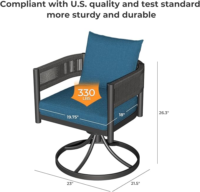 Grand patio 5-Piece Outdoor Dining Set for 4, Metal Woven Wicker Swivel Patio Chairs with Thickened Cushions & 1 Square Woodgrain Dining Table with Umbrella Hole for Backyard Deck (Brown)