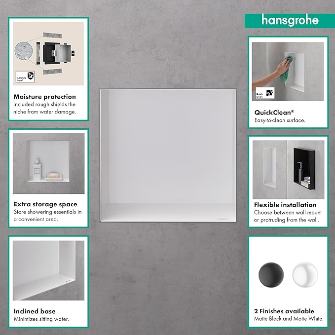 hansgrohe XtraStoris Minimalistic Recessed Wall Niche with Open Frame 12"x 12"x 4" in Brushed Stainless Steel, 56073800