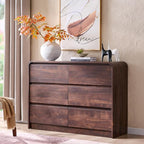 Modern 6 Drawers Dresser for Bedroom, 47" Wide Wood Dressers & Chests of Drawers w/Curved Profile Design, Mid Century Modern Dresser w/Natural Texture for Bedroom, Living Room, Brown