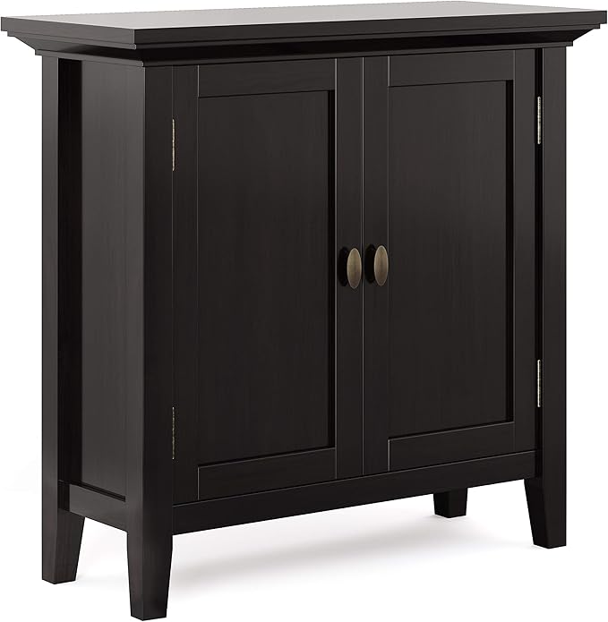 SIMPLIHOME Redmond SOLID WOOD 32 inch Wide Transitional Low Storage Cabinet in Hickory Brown for the Living Room, Entryway and Family Room