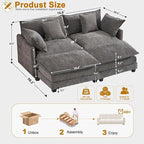 Expandable L-Shaped Sectional Sofa with Ottoman for Apartments, 77" Cloud Chenille Sofa, Create a U-Shape Layout with Optional 2nd Ottoman, Solid Wood Frame, Easy Assembly