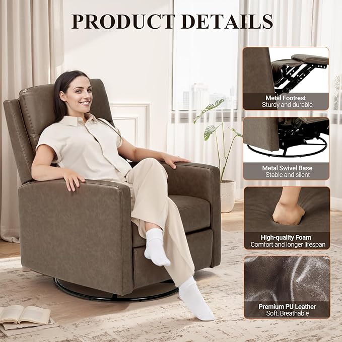 COLAMY Recliner Chair Set of 2, PU Leather 360° Swivel Rocker Recliner, Nursery Glider Recliner with Ergonomic High Backrest and Upholstered Deep Seat for Living Room, Bedroom, Color Gray