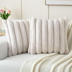 FUTEI Beige Decorative Throw Pillow Covers 20x20 Inch Set of 2, Square Soft Faux Rabbit Fur Thick Striped Cushion Cover,Winter Home Decor for Couch Bed Living Room