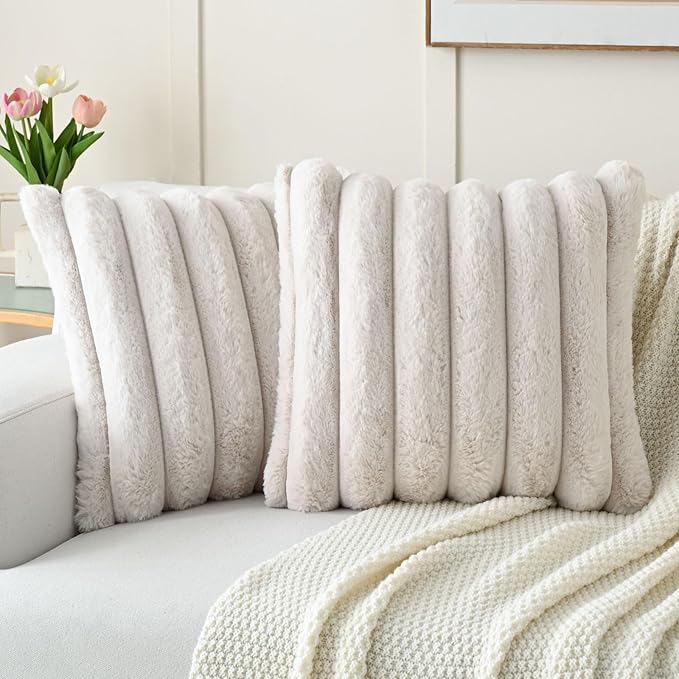 FUTEI Beige Decorative Throw Pillow Covers 20x20 Inch Set of 2, Square Soft Faux Rabbit Fur Thick Striped Cushion Cover,Winter Home Decor for Couch Bed Living Room