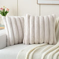 FUTEI Beige Decorative Throw Pillow Covers 26x26 Inch Set of 2, Square Soft Faux Rabbit Fur Thick Striped Euro Pillow Shams,Winter Home Decor for Couch Bed Living Room