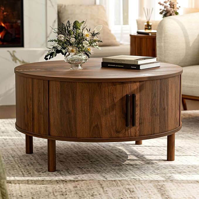 Coffee Table for Living Room, Modern Round Coffee Table with Cabinets & Sliding Doors, Home Small Space, 29.9" Fluted Center Table, Walnut