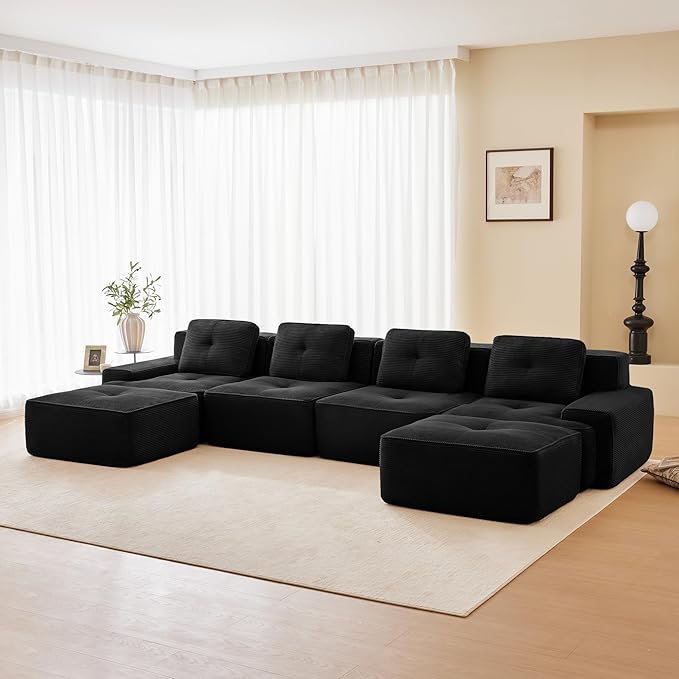 150.4” Black Boneless Couches for Living Room, Modular Sectional Sofa with U-Shape Chaise, 4 Seater Comfy Upholstered Deep Seat Corduroy Fabric Cloud Couch No Assembly, Anti-Slip Design