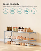 SONGMICS Shoe Rack, 2-Tier Shoe Organizer, Metal Storage Shelf, Upright or Upside Down, for 12-15 Pairs, Stackable, for Entryway, 11.8 x 36.2 x 13.4 Inches, Gray ULSA012G01