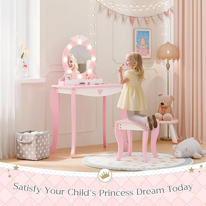 MU Kids Vanity Set with Lighted Mirror and Stool, Kids Make Up Vanity Desk with Storage Space, Wing Pattern for Little Girls, Toddler Princess Makeup Dressing Table with Chair Set, Pink