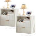 LEYAOYAO Fluted Farmhouse Nightstand Set of 2 with Charging Station, 23" Wide 2 Drawers End Table,White Dresser for Bedroom,Bed Side Table Chest of Drawers Cabinet,Wood Night Stand for Living Room