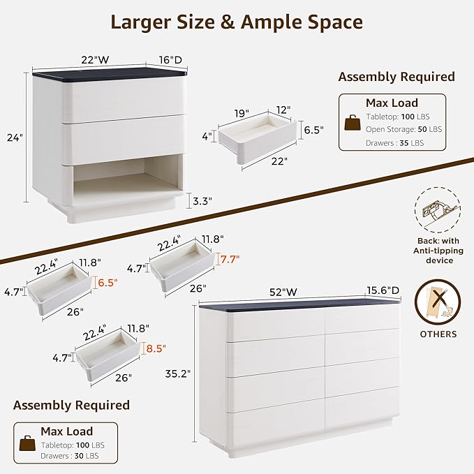 ACCOHOHO Modern Bedroom Set, 3 Pieces Bedroom Furniture Set, Wood 8 Drawer Dresser and Nightstands Set of 2, Chest of Drawers Wide Storage Organizer Cabinet for Bedroom, White