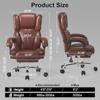 Big and Tall Office Chair, Executive Home Office Desk Chair, Leather Computer Chair with Retractable Footrest, Adjustable Headrest and Reclining Height, Padded Arms, 360°Swivel Free, Wide Seat, Brown