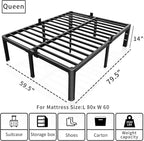 ROIL 14 inch Metal Queen Bed Frame with Rounded Corner and Headboard Hole Mattress Retainers 3500LBS Heavy Duty Steel Slats No Box Spring Needed Platform Noise-Free Easy Assembly