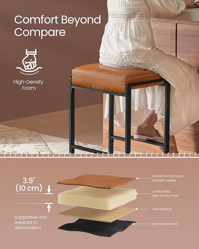 VASAGLE EKHO Collection - Bar Stool, Counter Height Bar Stool, Synthetic Leather with Stitching, Mid-Century Modern Counter Barstool, 26-Inch Tall, Kichen Home Bar Dining Room, Caramel Brown