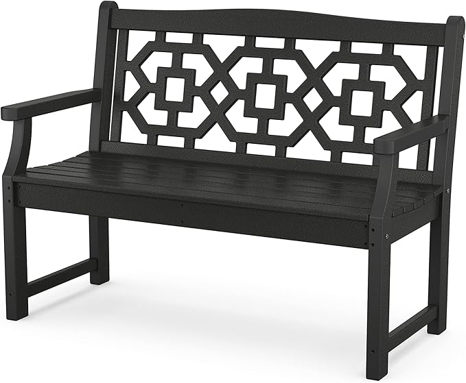 Martha Stewart by POLYWOOD Chinoiserie 48" Outdoor Bench for Patio, Porch & Backyard, Black - Durable All-Weather HDPE Garden Seat with Back Support - Classic 2 Person Seating, Made in The USA