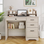 4 EVER WINNER Small Desk with Drawers, Computer Desk with File Cabinet & Monitor Stand, Home Office Desks with Drawers, Wood Writing Desk for Bedroom, Off White