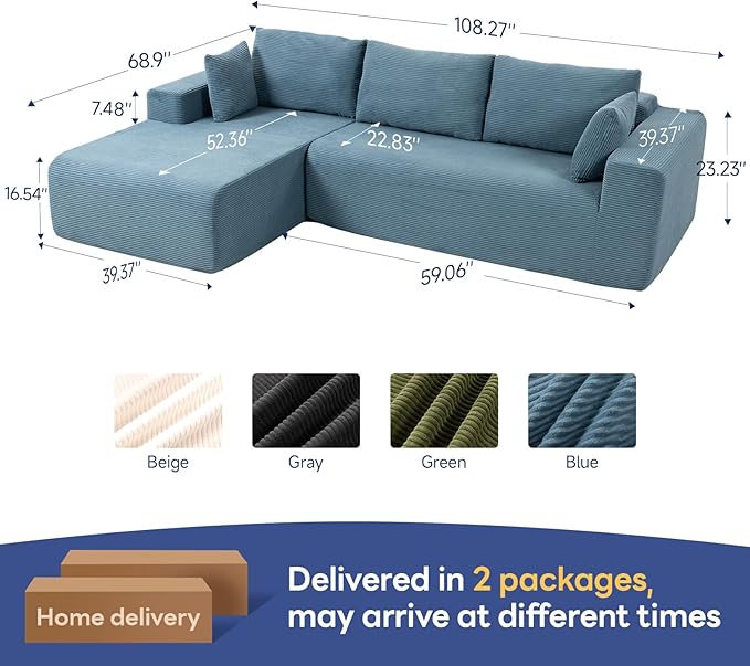 2025 New 108" Cloud Couch Sectional, Modular Sectional Sofa with L-Shaped Chaise, Deep Seat Sectional Modular Couch for Living Room, No Assembly Required (Blue, Left Facing Chaise)