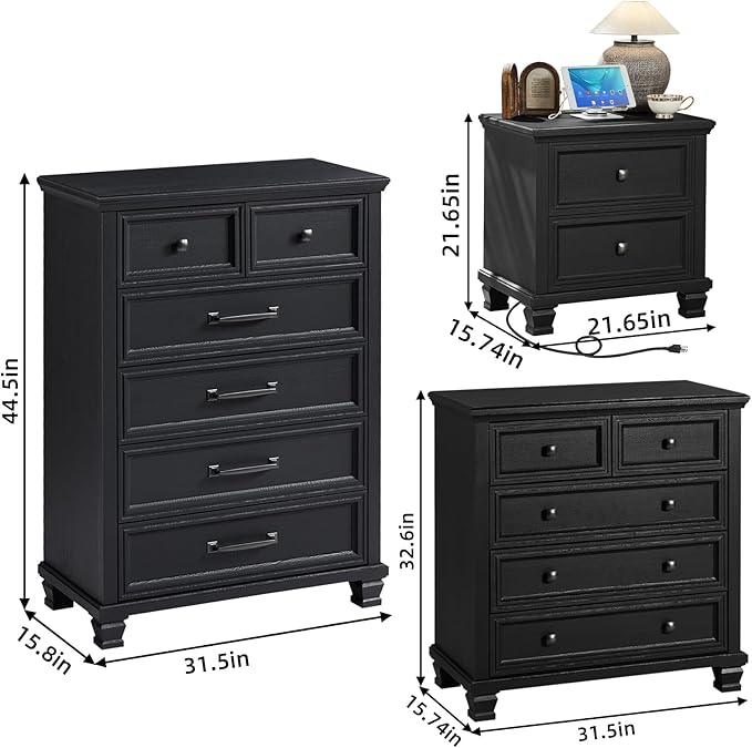 Farmhouse Bedroom Dresser and Nightstand Set of 4, 6 Drawer Tall & 5 Drawers Dresser & 2 Drawer Nightstand Set, Rustic Wood Bedroom Furniture Set for Livingroom, Hallway, Black