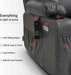 MCombo Electric Power Lift Recliner Chair Sofa with Massage and Heat for Elderly, 3 Positions, 2 Side Pockets, and Cup Holders, USB Ports, Faux Leather 7040 (Grey, Medium)