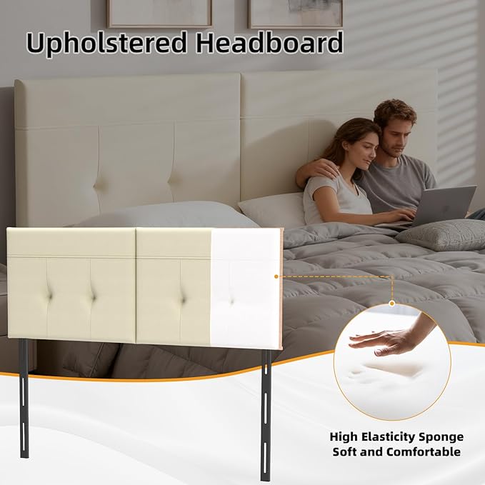 King Headboard Only with Adjustable Metal Legs, Faux Leather Upholstered Headboard King Size, Modern Stylish Headboard with Sunken Dot Design, Sturdy Bed Headboard for Bedroom, Beige