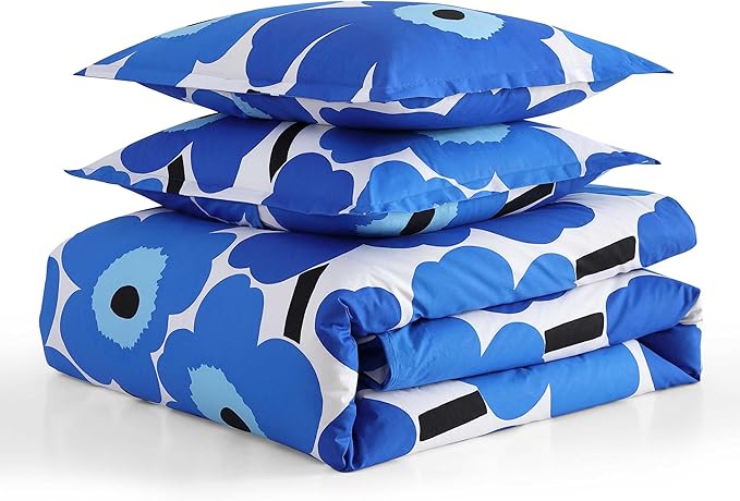 Marimekko - Full/Queen Duvet Cover Set, Cotton Percale Reversible Bedding with Matching Shams, Floral Home Decor (Unikko Blue, Full/Queen)