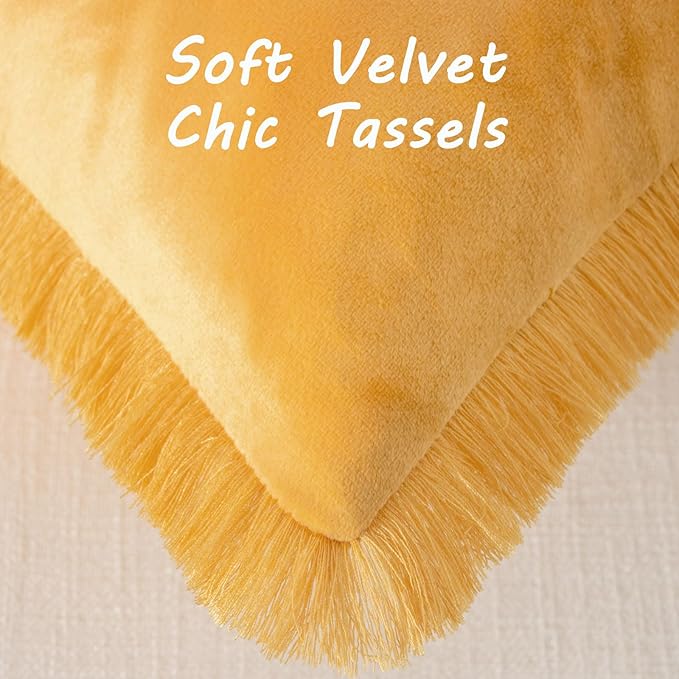 FUTEI Orange Velvet Decorative Throw Pillow Covers 12x20 Set of 2,Soft Cozy Edge with Tassels Lumbar Pillow Cases,Boho Modern Home Decor for Couch Bed Living Room