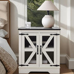 White Farmhouse End Table with Charging Station, 24" Wood Sofa Side Table with Mesh Barn Door, Nightstand with Adjustable Storage Shelf for Living Room, Square