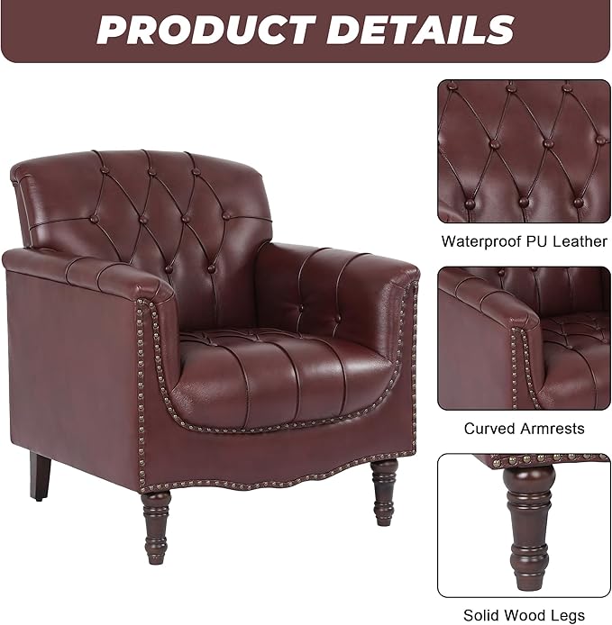 Lumibee Faux Leather Armchairs, Contemporary Accent Chairs Set of 2 with Nailhead Trims & Wood Legs for Living Room, Upholstered Comfy Arm Chairs for Office,Bedroom-Dark Red