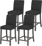 COSTWAY Counter Height Bar Stools Set of 4, 24.5’’ Upholstered Mid Century Modern Island Chairs with Rubber Wood Legs, Wooden Barstools for Kitchen, Dining Room, Bar, Restaurant (Grey)