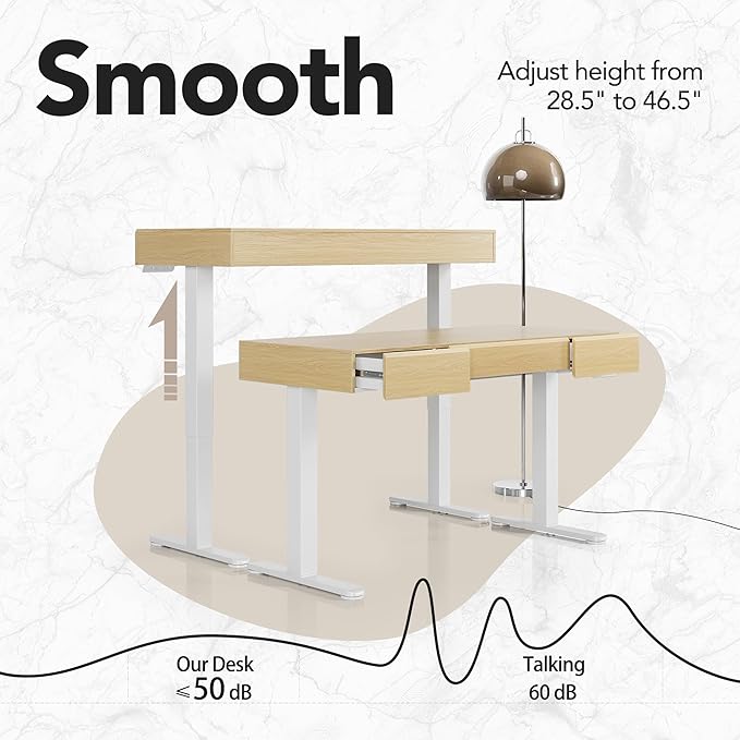 HUANUO Electric Standing Desk with 3 Drawers, 48 Inches Height Adjustable Stand Up Desk, Whole-Piece Board Computer Workstation with 4 Memory Height Settings, Light Walnut