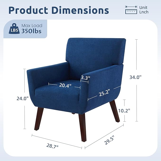 Upholstered Accent Chair,Mid Century Modern Office Fabric Small Living Room Chair with Arm,Comfy Wingback Armchair for Bedroom Reading Dark Blue