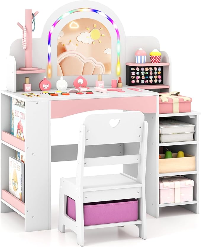 Costzon Kids Vanity, Girls Vanity Set with Lighted Mirror, Bookshelf, Jewelry Storage, Toddler Makeup Vanity Desk Dressing Table, Wooden Kids Vanity Table and Chair Set (White)