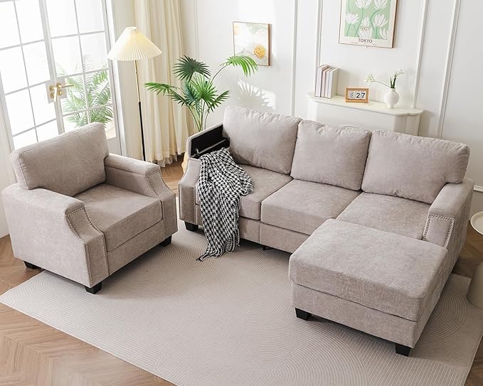 85'' L Shaped Couch with Armrest Organizer,Comfy 3 Seats Sofa with Storage Ottoman,Chenille Sectional Couches for Living Room,Bedroom,Apartment,Sofa Set with Oversized Chair,Khaki
