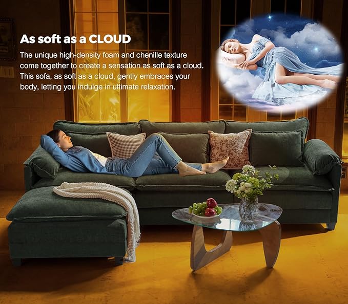 ELUCHANG 116" U Shaped Modular Sectional Cloud Couch with Pillow, Deep Seat Sofa Couches for Living Room, 5-Seat Modern Sofa with Movable Ottoman, Chenille Olive Green