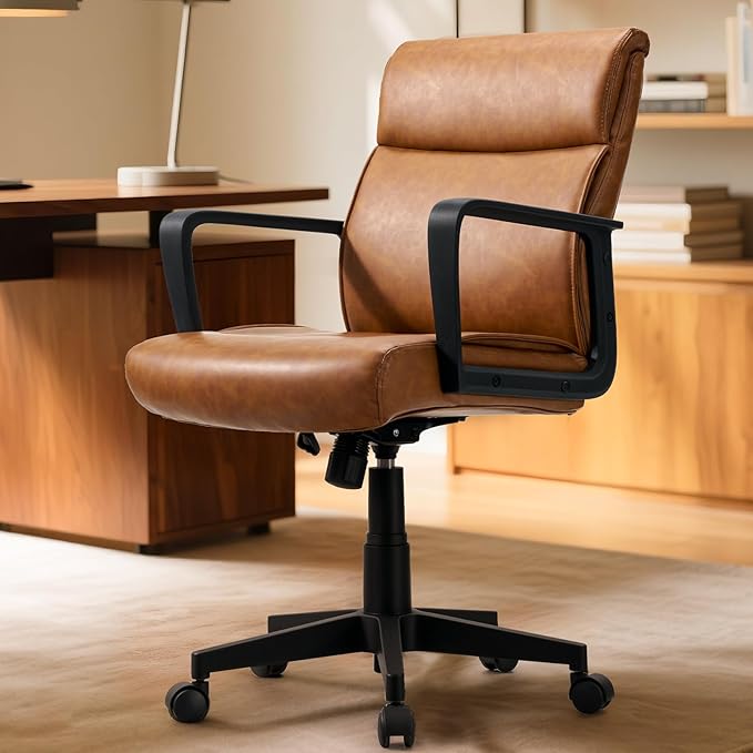 Artswish Leather Office Chair Brown Desk Chair with Wheels Arms, Mid Back Leather Executive Computer Chair Mid Century Chairs for Home Office