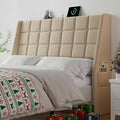 Ergonomic Upholstered Headboard Queen Size w/Charging Station, Linen Wingback Headboards w/Storage Pocket, Queen Headboard Only, Bed Frame Adapters, Sturdy Stable Solid Wood Bed Head Board, Beige