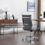 Office Desk Chair Leather, Conference Room Chairs with Wheels, Executive Modern High Back Ergonomic Swivel Rolling Ribbed Computer Chair