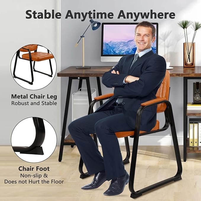 CLATINA Waiting Room Chairs with Padded Arms Leather Guest Chair no Wheels for Office Reception and Conference Desk with Sled Base Orange, 4PK