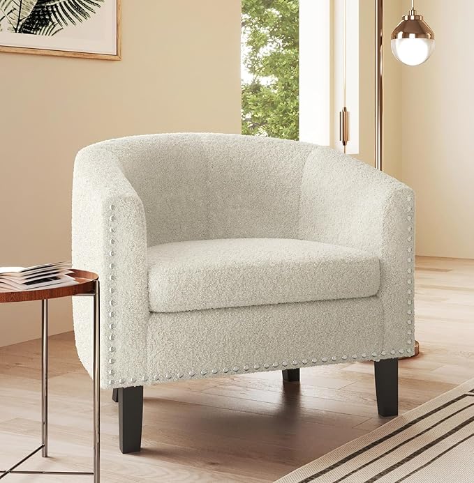 BELLEZE Accent Barrel Chairs Set of 2, Modern Tub Club Chairs Upholstered Armchairs for Living Room, Accent Chairs with Silver Nail Head Trim Black Legs - Kyara (White/Polyester)