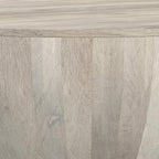 SIMPLIHOME Elmbrook Coffee Table - 34 inch Wide Solid Mango Wood Modern Industrial Round Drum Cocktail Table in White Wash, Sculptural Living Room Table with Low Profile Design, Assembled